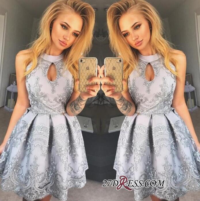 Halter Keyhole 2018 Homecoming Dress Lace Appliques Sleeveless Sexy Short Dress Party Wear Prom Dress A Line Plus Size Evening Gowns