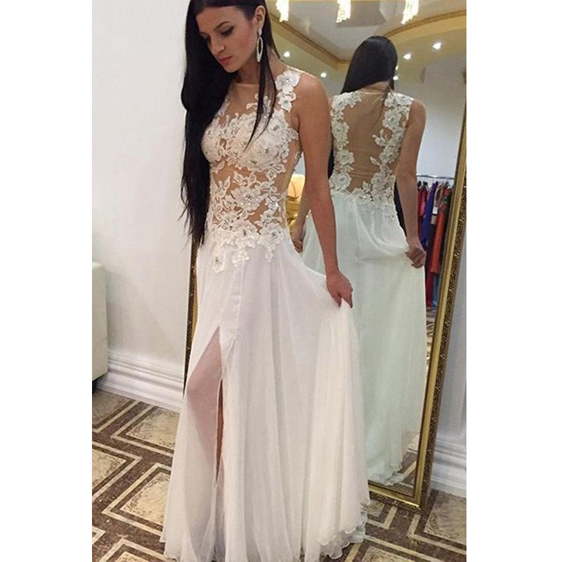 Sexy See Through Sheer Top 2020 Prom Dress Appliques Lace Beaded High Splits Prom Dresses vestidos de fiesta