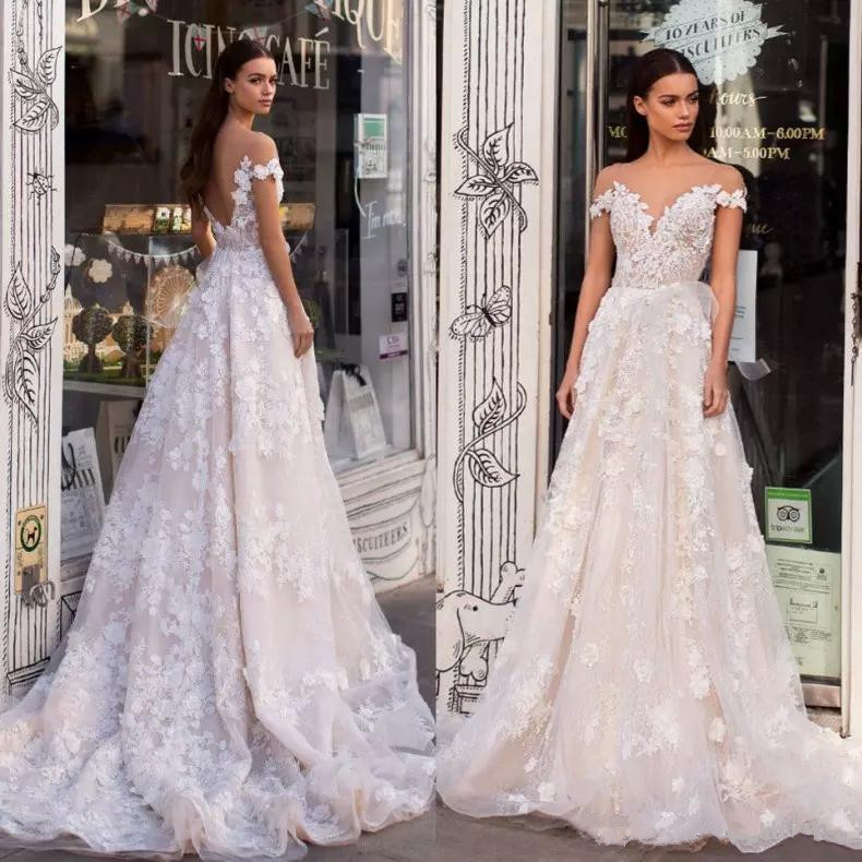 A Berta Wedding Dresses Sheer Off the Shoulder Lace Appliqued Bridal Gowns Backless Custom Made Robe De Mari e ppliqud