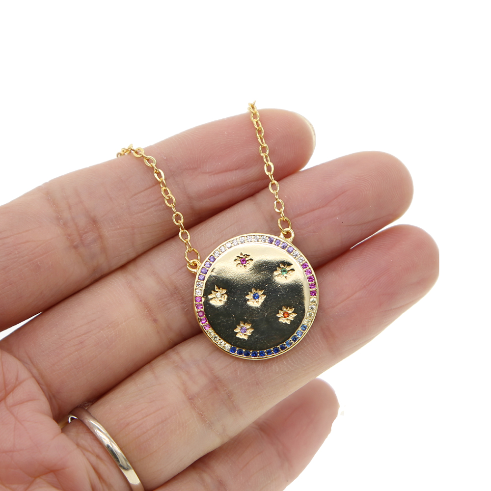 statement coin necklace paved rainbow cz engraved star geometric round plate classic simple fashion jewelry