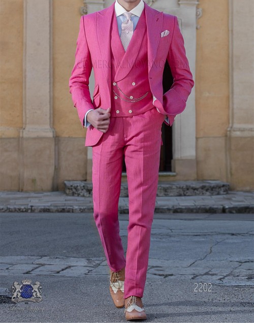 Fashion Hot Pink 3 Piece Suit Men Wedding Tuxedos Handsome Groom Tuxedos Excellent Men Business Dinner Prom Blazer(Jacket+Pants+Tie+Vest)487