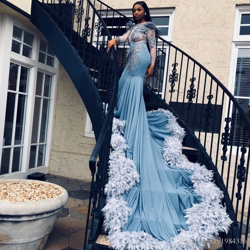 2020 Gorgeous Feather Mermaid Prom Dress Jewel Neck Illusion Lace Applique with Feather Long Sleeve African Sexy Court Train Evening Dresses, Fuchsia
2020 Gorgeous Feather Mermaid Prom Dress Jewel Neck Illusion Lace Applique with Feather Long Sleeve African Sexy Court Train Evening Dresses, Fuchsia