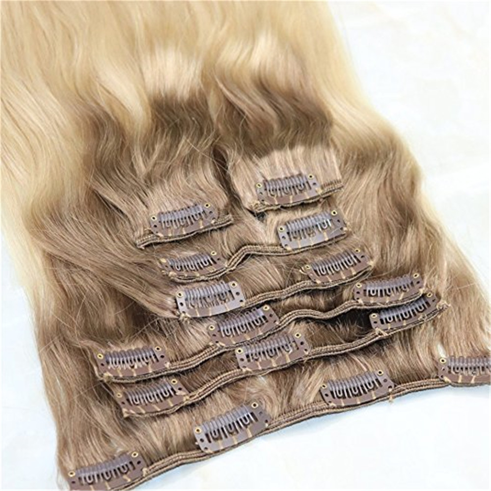 Clip in Hair Extensions Balayage Ombre Color #8 Light Brown Fading to #613 Blonde Remy Real Human Hair Clip On Weave 7Pcs 120g