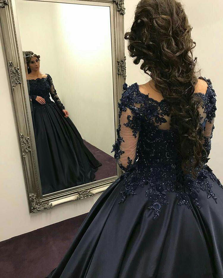 Navy Blue Evening Dresses Prom Gowns 2019 Modest Long Sleeve Yousef Aljasmi Dubai Arabic Prom Dress Floral Lace Applique Party Dress