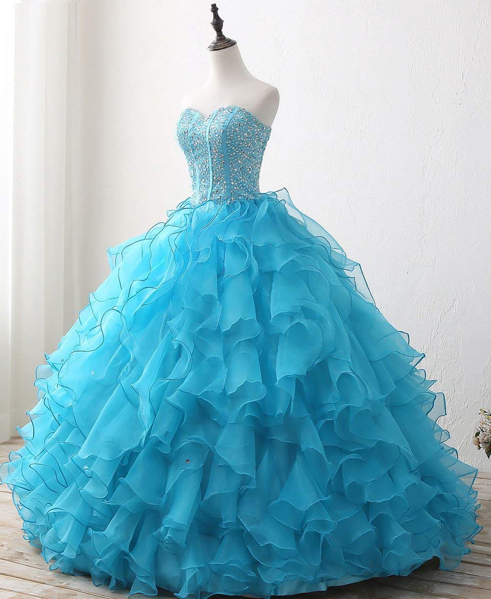 2018 New Sexy Gorgeous Strapless Beaded Organza Quinceanera Dresses Ruffle Crystal Sweet 16 Prom Party Prom Gown