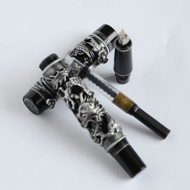 NOBLE JINHAO ANTIQUE SILVER AND BLACK DRAGON AND PHOENIX 18KGP FINE NIB FOUNTAIN PEN BUSINESS OFFICE BEST GIFT