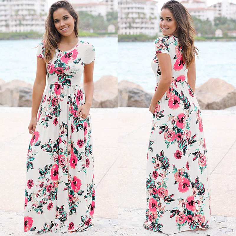 S-3XL Elegant Women Robe Summer 2018 Short Sleeve Printed Maxi Dress Fashion Sexy Boho Dress Tighten Waist Long Dress Vestidos D1891304