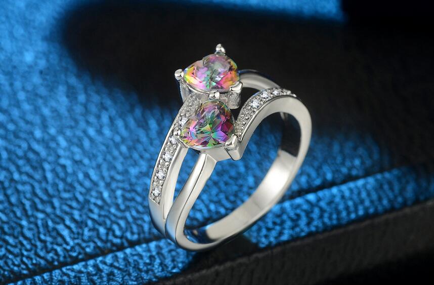 Hot Sell Cute Fashion Jewelry 925 Sterling Silver Double Heart Color Rianbow Gemstones Women Wedding Engagement Band Ring For Lovers' Gift