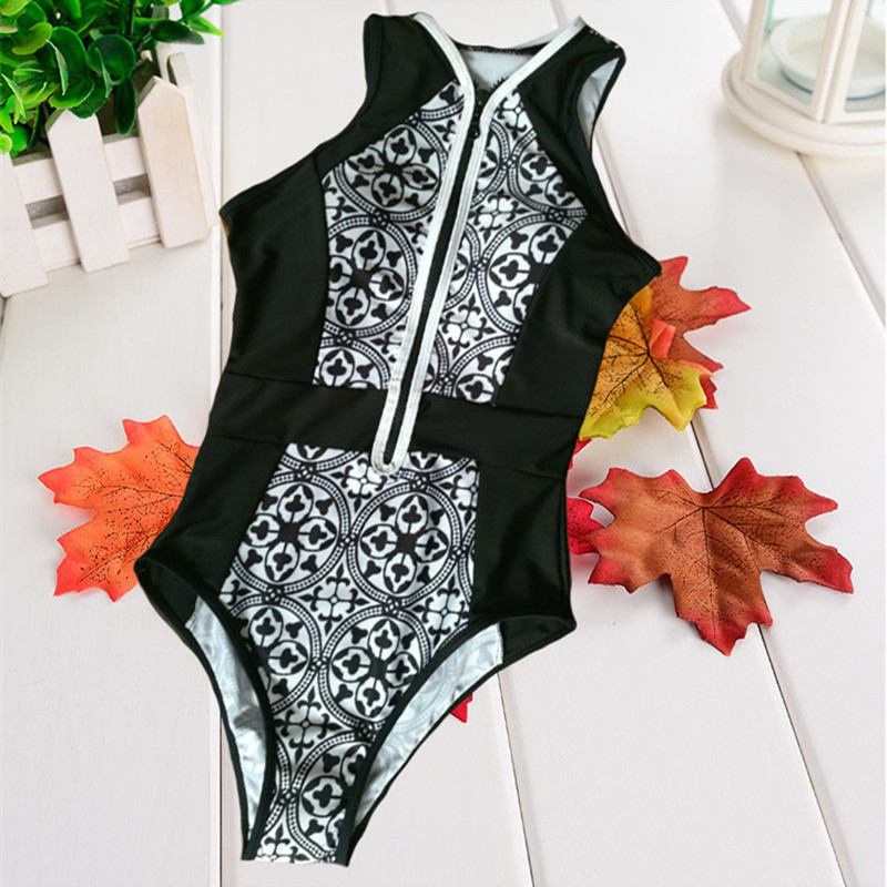 Bodysuit 2017 Women Swimwear Zipper Beachwear Retro Black White Printing Swimsuit Floral Bathing Suits One Piece Monokini Bikini S1012