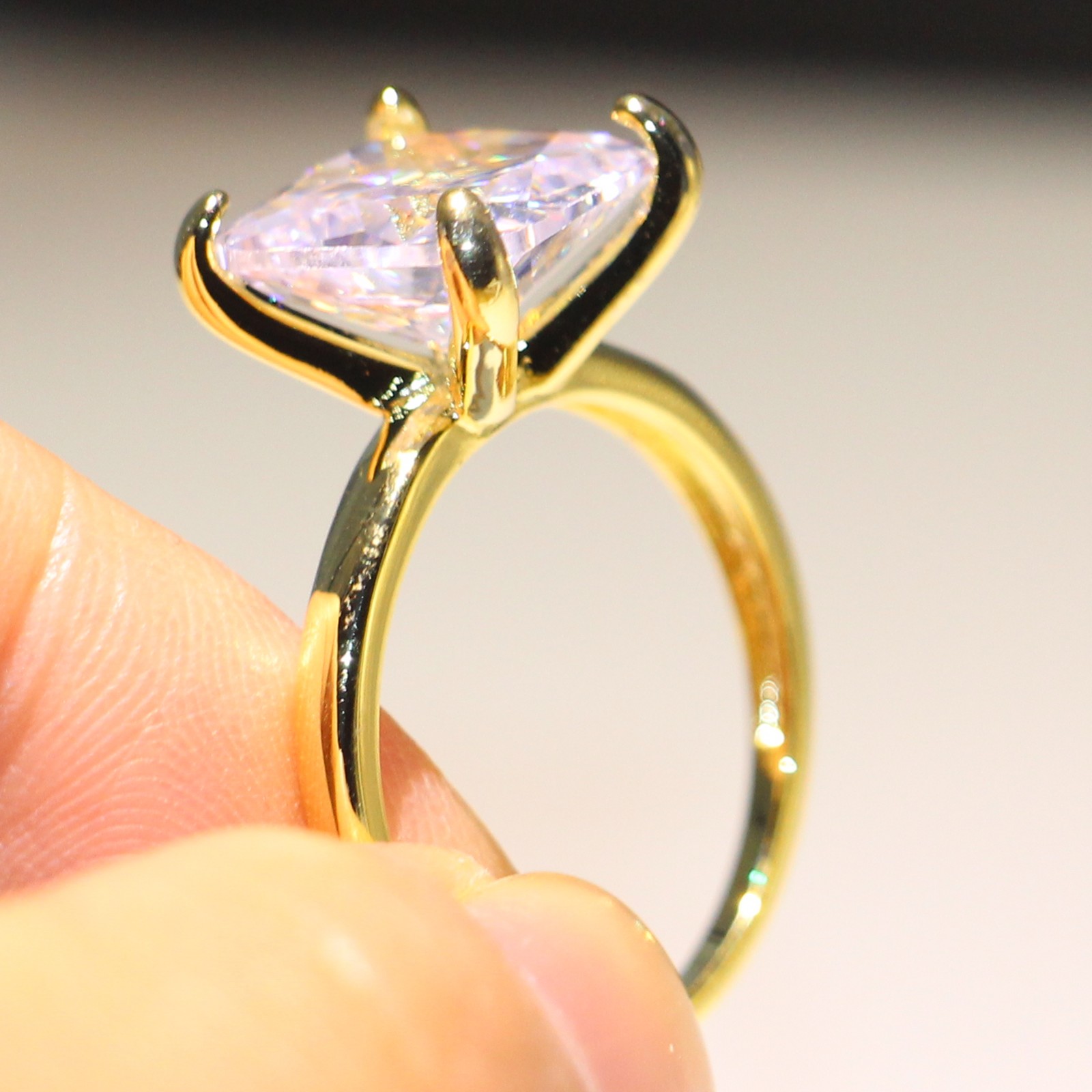 Sterg Sier & Gold Filled Emerald Cut White Topaz CZ Dia Solitaire Wedding Band Ring for Women