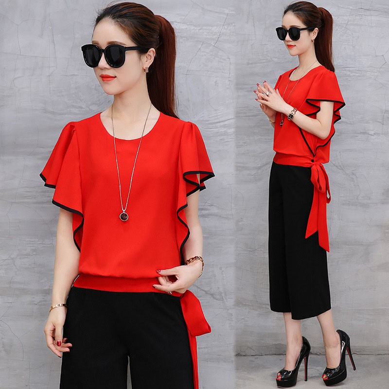 EFINNY Women Summer Suit Plus size Loose Breathable Jacket Cropped Pants Two Sets of Clothes Female