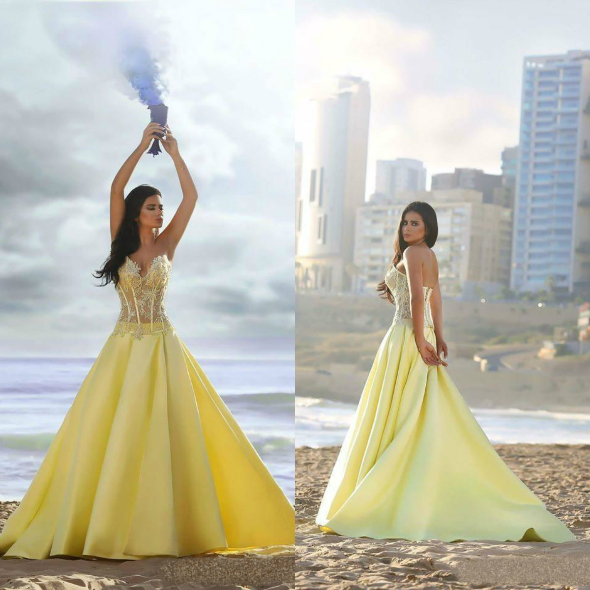 2018 Yellow Arabic Evening Dresses Sweetheart Sexy Illusion Exposed Boning Lace Applique Satin Sweep Train Prom Dress Custom Made