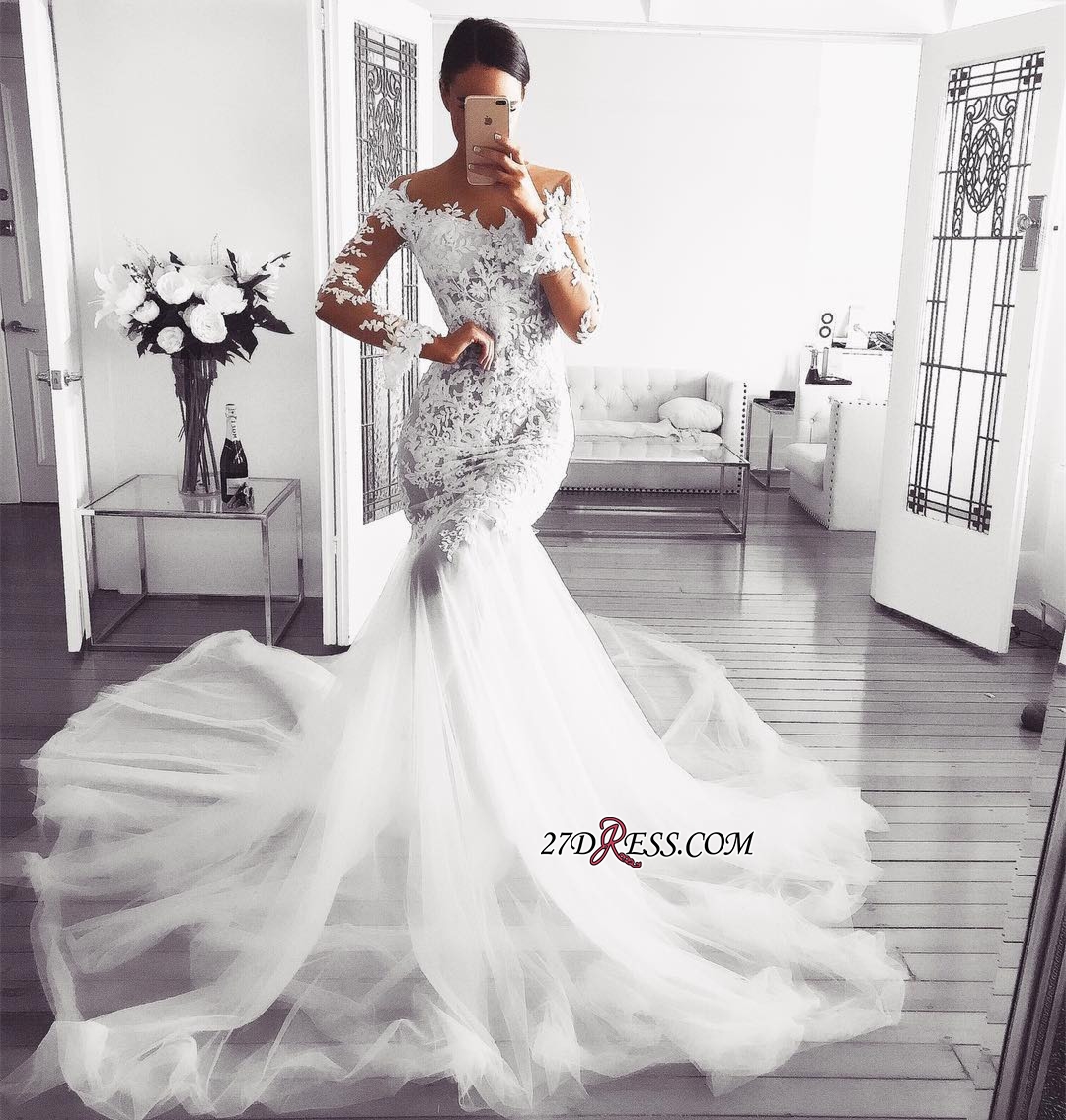 D ral Elegant Mermaid Wedding Dresses Sheer Neck Appliques Lace Tulle Plus Size Long Sleeves Cheap Bridal Gowns Illusion Back