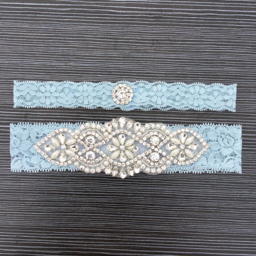 Blue Bridal Garters Crystals Pearls for Bride Lace Wedding Garters Belt Free Size From 15 to 23 inches Wedding Leg Garters Real Picture