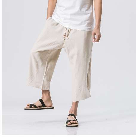 Men's Linen trousersFashion Men's Elastic Waist Wide Leg Cotton Harem Baggy mens Pants Patchwork Linen Capri Trousers