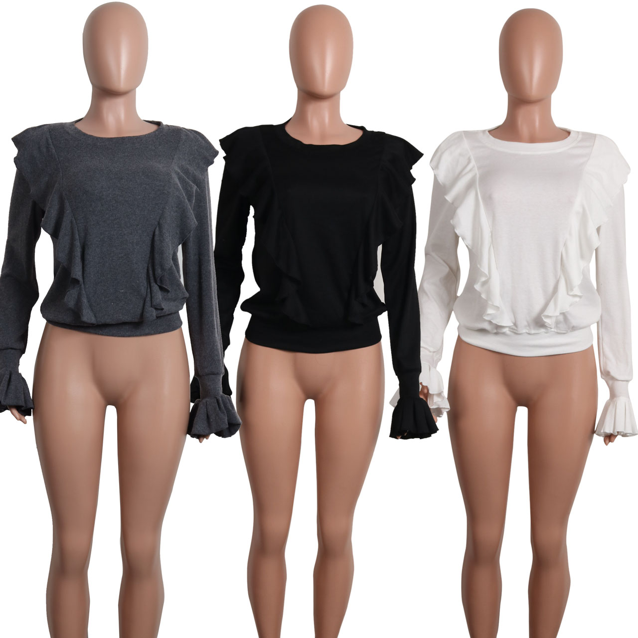 European leisure women's long-sleeved shirt wooden ear trumpet sleeve T-shirt white gray black self-supported mixed batch