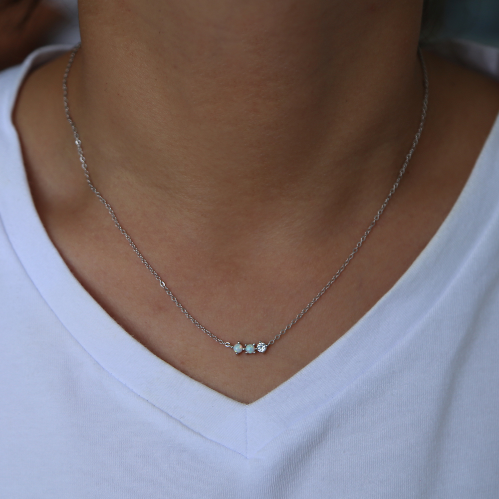 three stone design white cz white fire opal necklace 2018 simple fine 925 sterling silver jewelry minimal delicat dainty girl fashion jewels