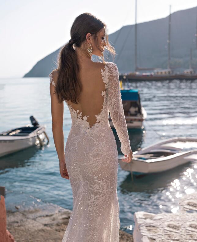 Lian Rokman Mermaid Dresses Side Split Lace Applique One Shoulder Long Sleeve Bridal Gowns Sweep Train Backless Wedding Dress