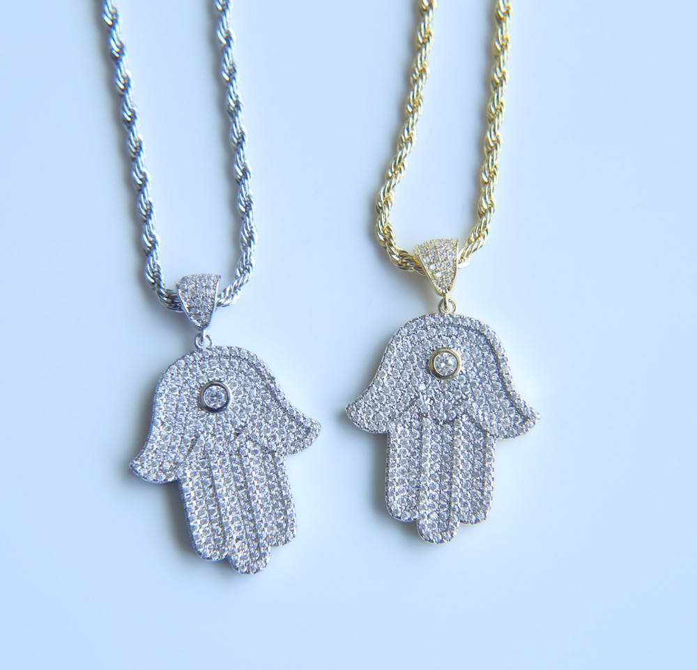 hip hop bling jewelry iced out cool boy mens necklace hamsa hand pendant gold silver plated cz cubic zirconia bling hiphop necklace for men