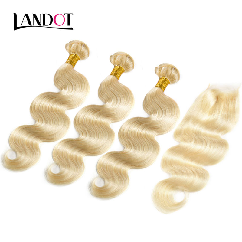 9A Bleach Blonde Color 613 Lace Closure With 3 Bundles Brazilian Virgin Human Hair Weave Body Wave Peruvian Malaysian Indian Hair Extensions