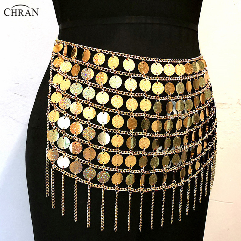 Chran Laser Gold Sequin Bead Belly Waist Chain Sexy Mini Skirt Women Necklace Bikini Wear Party Dress Festival Sexy Bod Jewelry