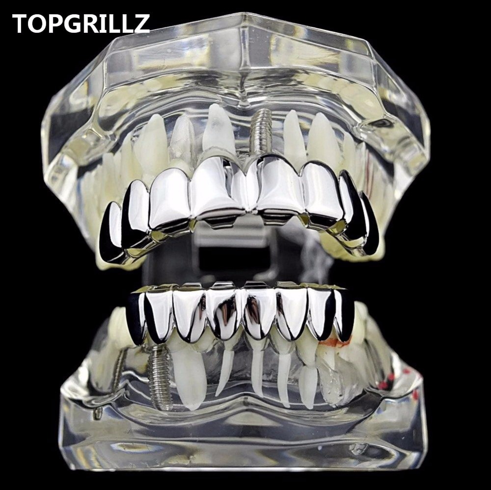 TOPGRILLZ Hip Hop Grills Set Gold Finish Eight 8 Top Teeth 8 Bottom Tooth Plain Clown Halloween Party Jewelry