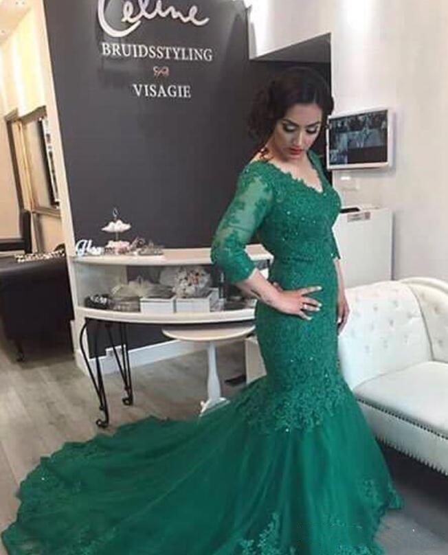 Vintage Mermaid Formal Green Lace Celebrity Elegant Women Party Evening Wear Mother Of The Bride Dresses Long Sleeve 0510