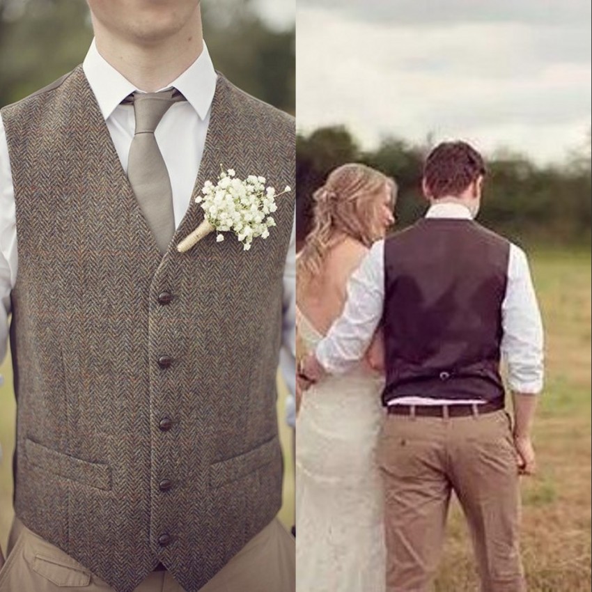 2019 Country Farm Wedding Vests Brown Wool Herringbone Tweed Groom Vests Groomman Vest Slim Fit Mens Suit Vest Prom Wedding Waistcoat