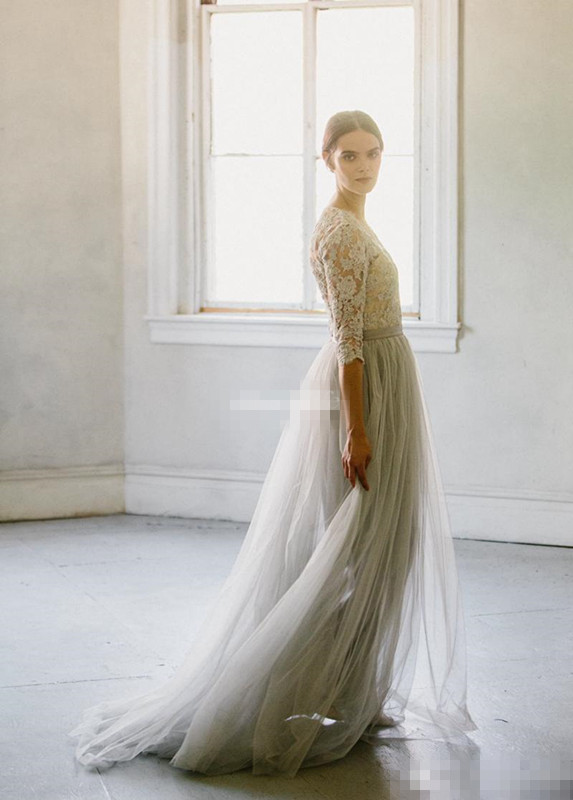 Dusty Blue Bohomian Beach Dresses A e Long Sleeves Lace Applique V Neck Sweep Train Bridal Wedding Gown pplique