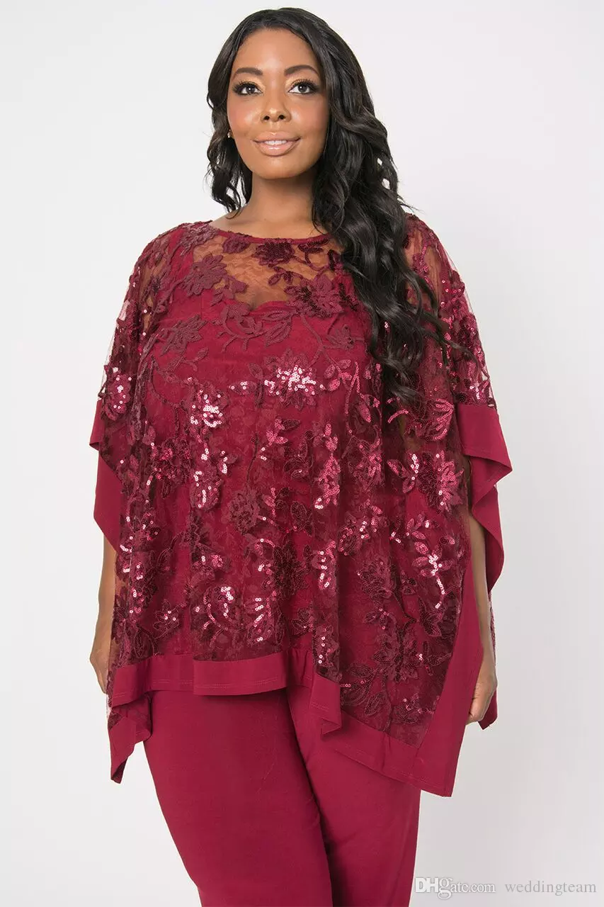 Dark Red Lace Sequined Mother Of Bride Pant Suits Jewel Neck Formal Wedding Guest Dress With Shawl Plus Size Mothers Groom Dress Custom