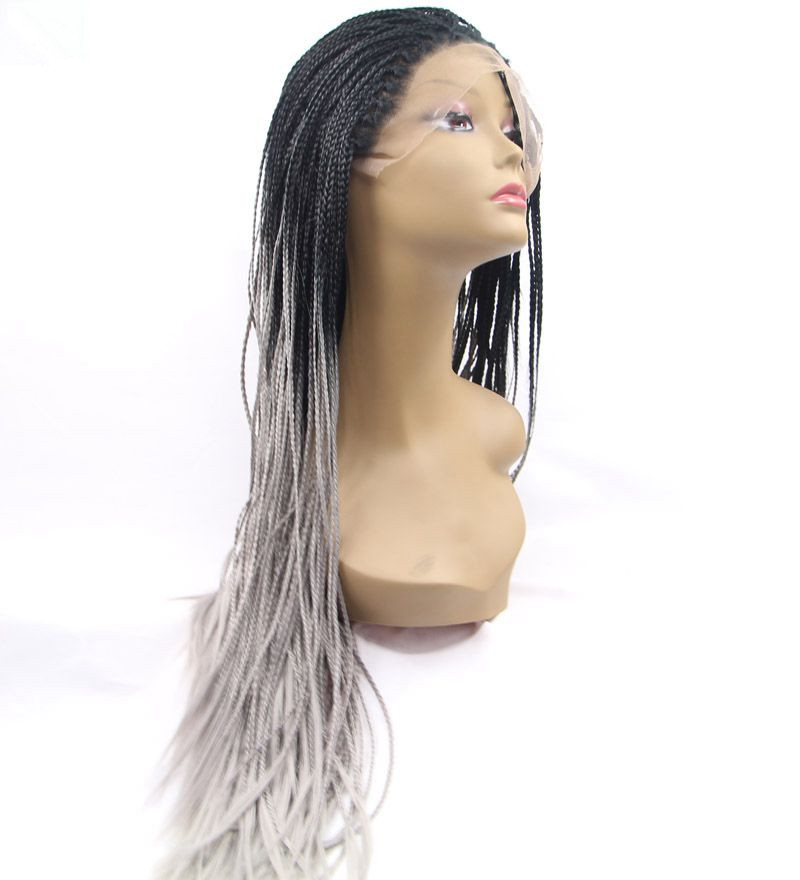 Jamaica Long Fully Hand Micro Braided Lace Front Wig ombre grey color Justice Box Braids synthetic lace front wig for black women