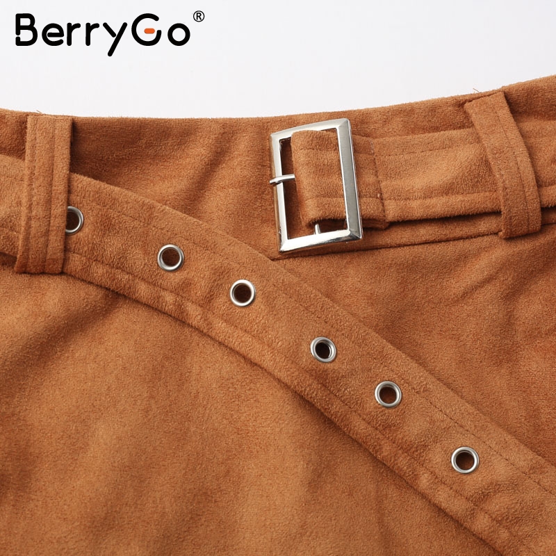 BerryGo Asymmetric suede leather women skirt High waist belt bodycon mini skirt Autumn winter female streetwear pencil
