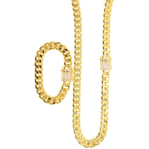 Iced Out Bling cuban necklace set Full Paved cz clasp Hip Hop Necklace bracelet set for Men Miami Cuban Link Gold filled Men's Chain