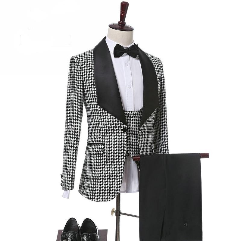Customize Houndstooth 3 Piece Suit Men Wedding Tuxedos Groom Tuxedos With Black Lapel Men Business Dinner Prom Blazer(Jacket+Pants+Tie+Vest)
