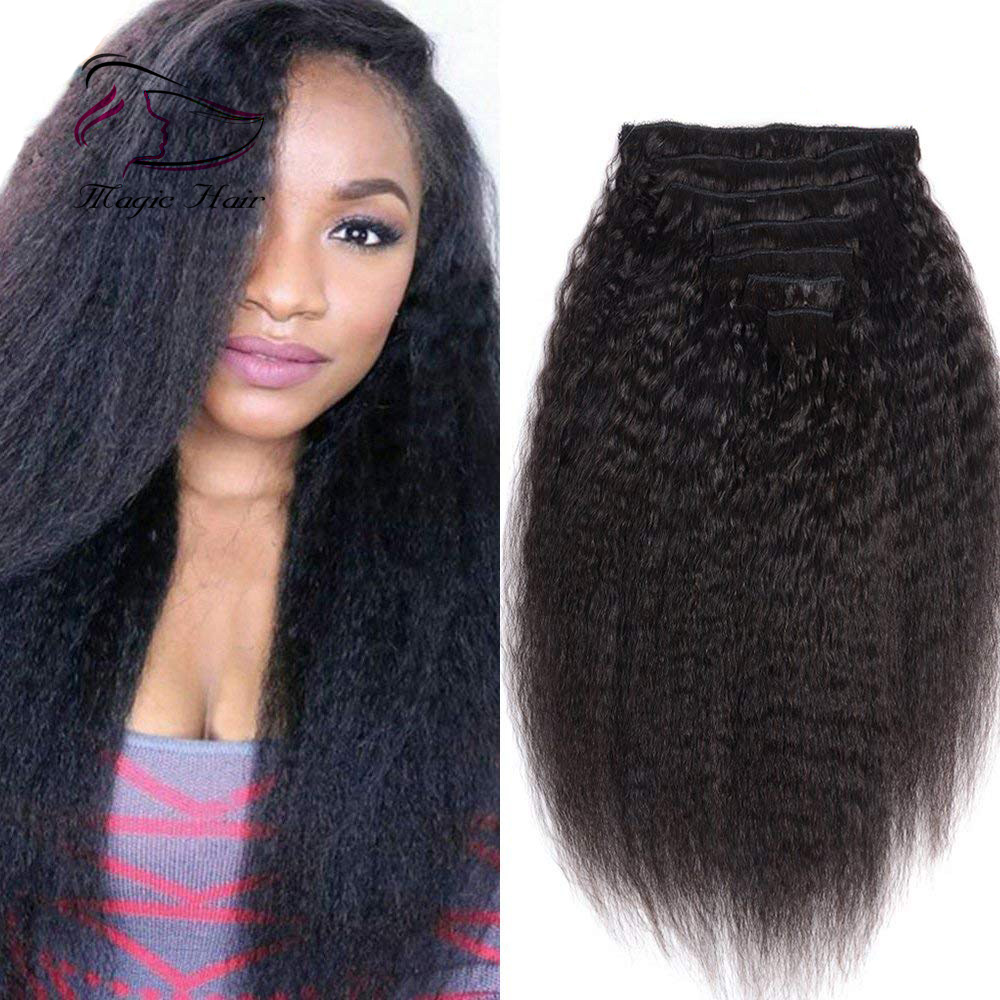 Free Shipping Natural Color Kinky Straight Clip in Hair Extensions For Black Women Brazilian Human Hair 120g 100% Human Hair Extension