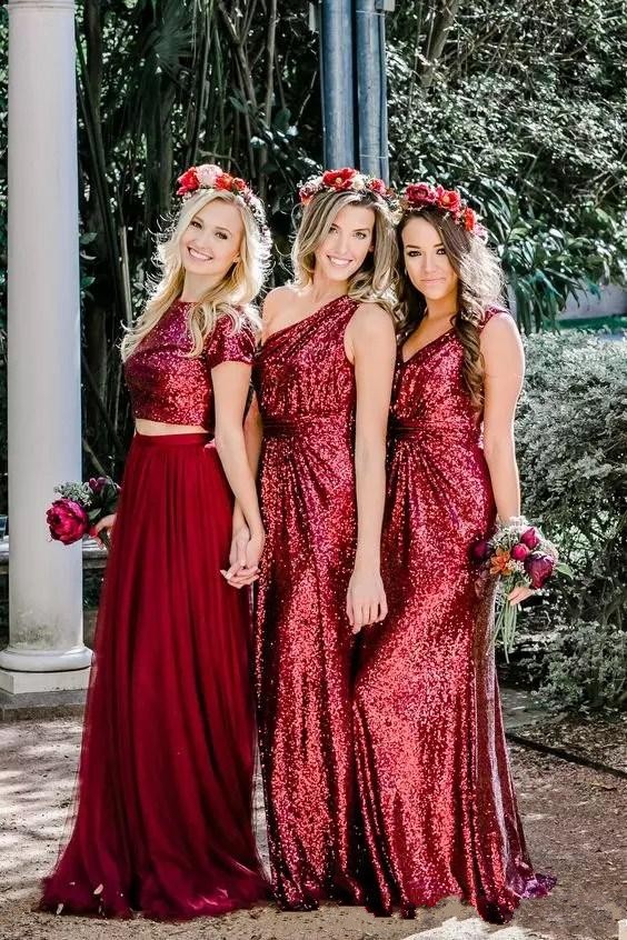 New Cheap Bury Sequin A Line Jewel One Shoulder Floor-Length Bridesmaid Dress Wedding Party Dresses Custom Made