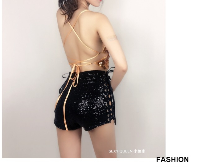 Womens party club DS dancing performance high waist lacing bandage hollow out paillette shinny sequined shorts plus size SMLXL