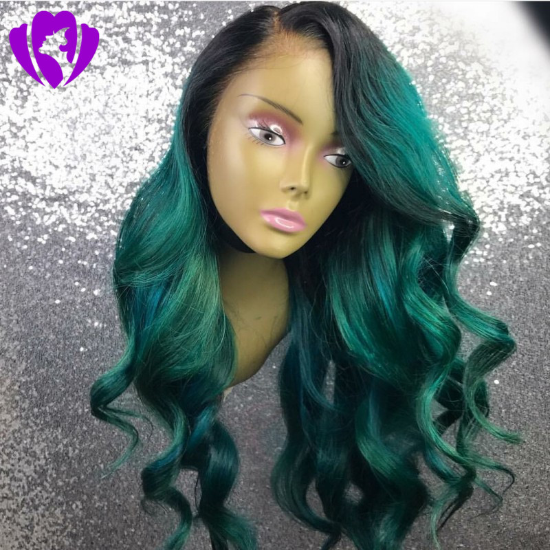 Hotsellling ombre black root green Lace Front Wigs body wave Synthetic lace wig Heat Resistant Fiber africa american women wigs