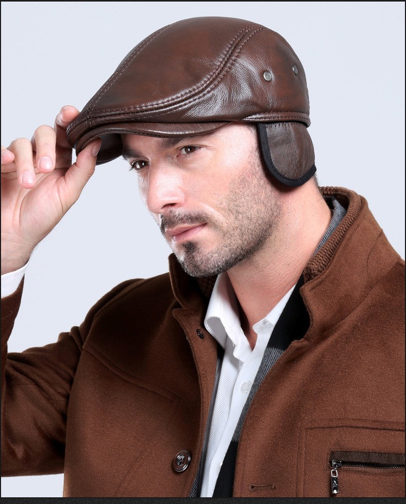 Men's outdoor leather hat winter Berets male warm Ear protection cap 100% genuine leather dad hat wholesale Leisure bone D18103006