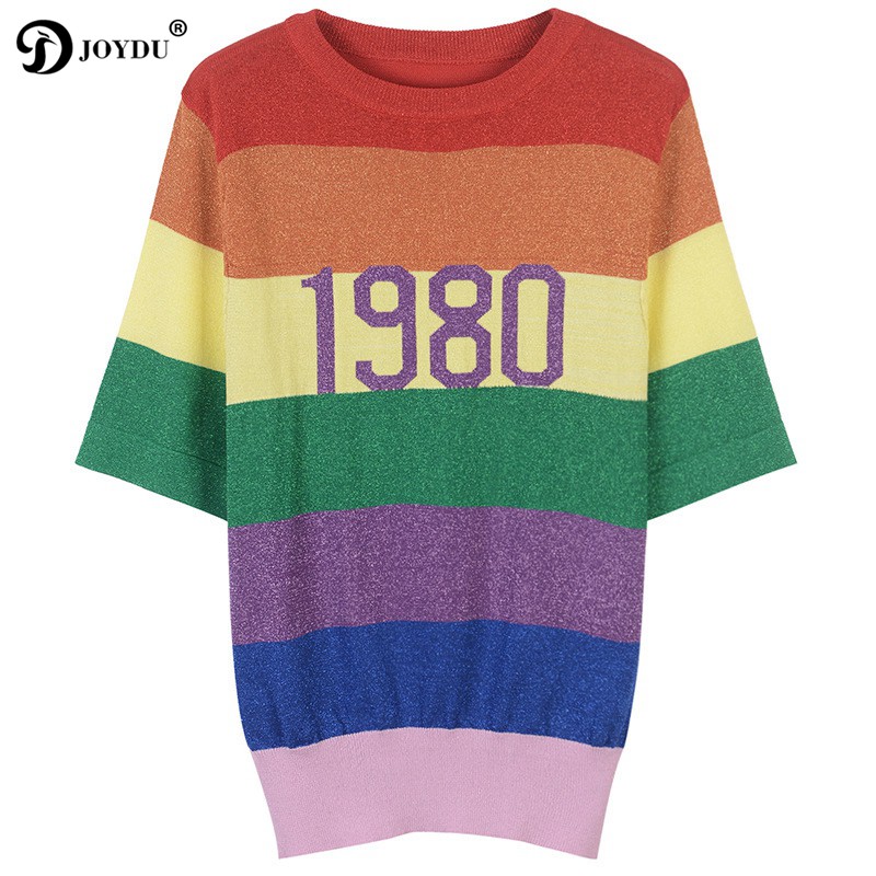 2018 New Runway Design 1980 Knitted Summer Top T Shirt Vintage T-shirts for Women Rainbow Striped harajuku Chic female T-shirt, White
2018 New Runway Design 1980 Knitted Summer Top T Shirt Vintage T-shirts for Women Rainbow Striped harajuku Chic female T-shirt, White