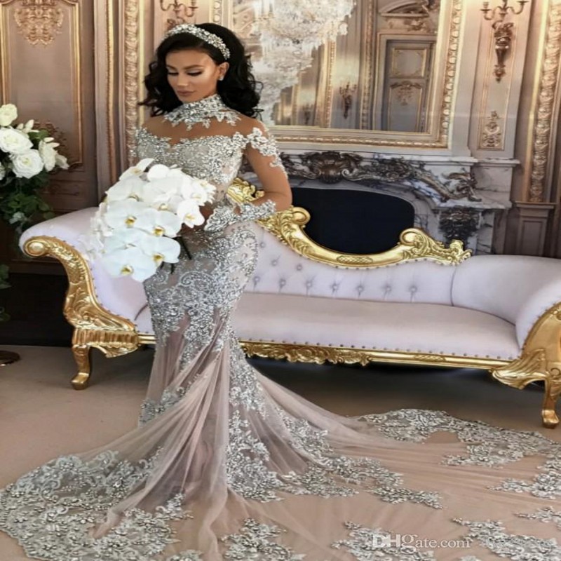 Sparkly Sexy Wedding Dress 2020 Sheer Bling Beaded Lace Applique High Neck Illusion Long Sleeve Champagne Mermaid Chapel Bridal Gowns, Pink
Sparkly Sexy Wedding Dress 2020 Sheer Bling Beaded Lace Applique High Neck Illusion Long Sleeve Champagne Mermaid Chapel Bridal Gowns, Pink