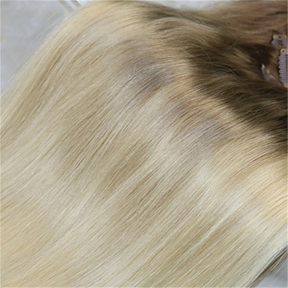Clip in Hair Extensions Balayage Ombre Color #8 Light Brown Fading to #613 Blonde Remy Real Human Hair Clip On Weave 7Pcs 120g