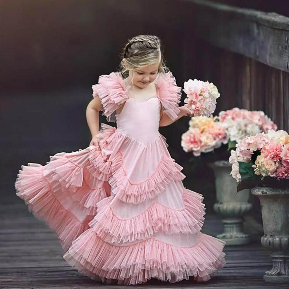 Blush Pink wer Girl For Weddings Ruffle Cute Little Girls Pageant Dress Spaghetti Strap Tulle First Holy Communion Dresses