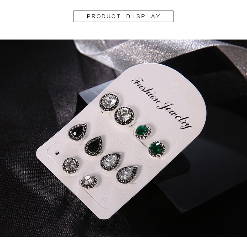 Vintage Bohemia Stud Big Fashion Crystal Earring Shinny Black White Green Rhinestone 5 Pairs For One Set