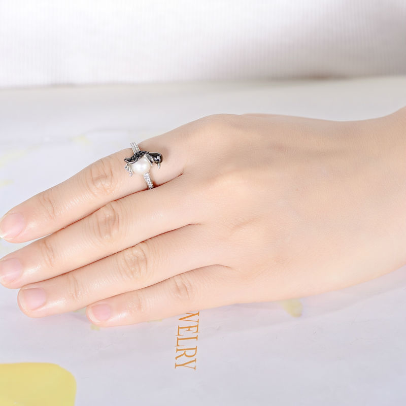 SANTUZZA Silver Penguin Pearl Ring For Women 925 Sterling Silver Trendy Fashion Rings for Women Cubic Zirconia Ringen Jewelry D18111306
