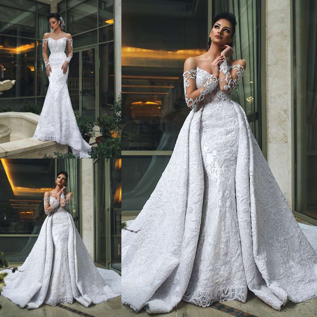 Dubai Arabic Wedding Dresses Off Shoulder Lace Applique Illusion Long Sleeve Bridal Gowns With Detachable Train Plus Size Robes De Marie