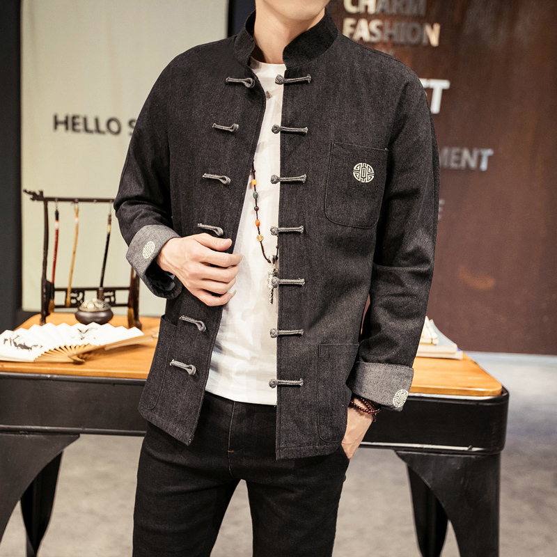 Chinese Style Jackets Men Jeans Blue Open Stitch Retro Jacket Autumn Buttons Man Clothing Embroidery Mens Jackets Size M-5XL