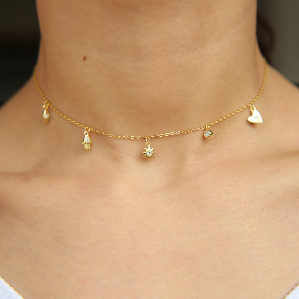 high quality lovely girl women jewelry lucky symbol charm necklace evil eye hamsa hand sun cz drop elegance 925 sterling silver choker