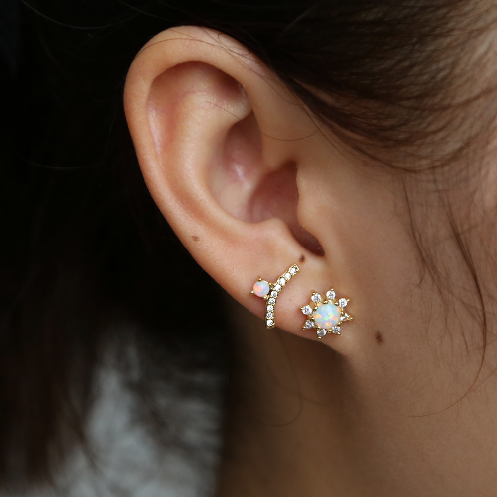 Gold plated geometric round cz bar stud earring for women girl gift Whire fire opal gemstone elegance high quality fashion trendy women gift