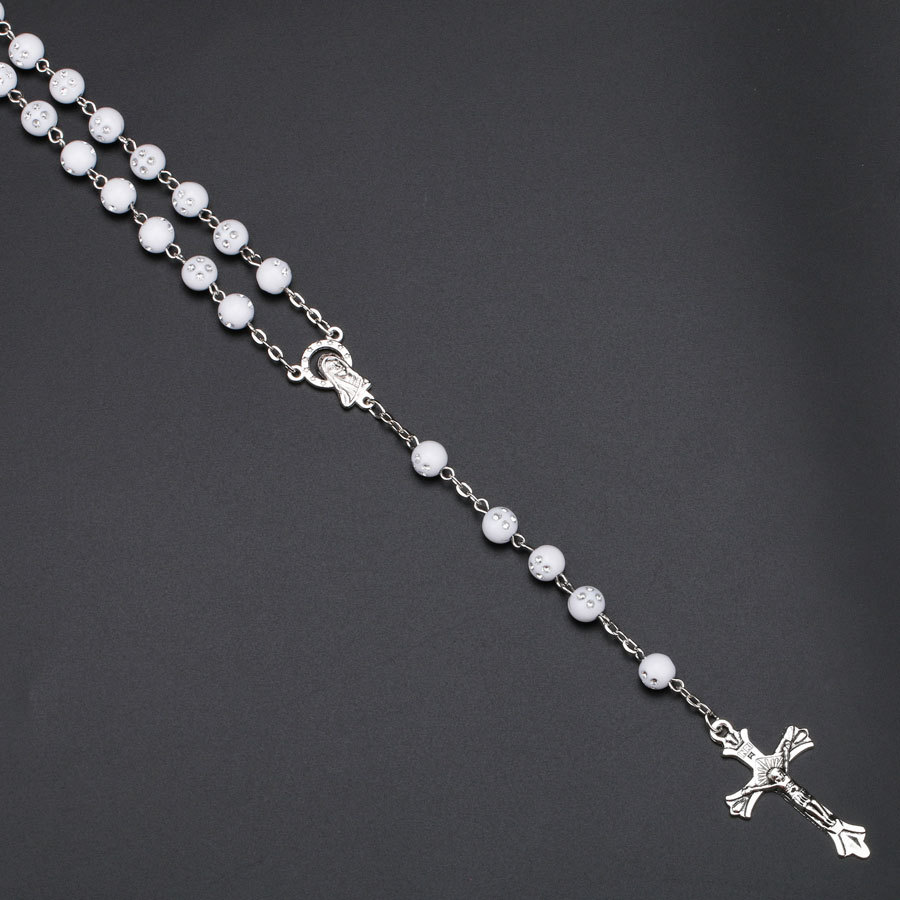 8mm New White Rosary Beads Religious Catholic Rosary Necklace Five-Decade Rosary Prayer Jesus Crucifix Stars Mary Centerpiece
